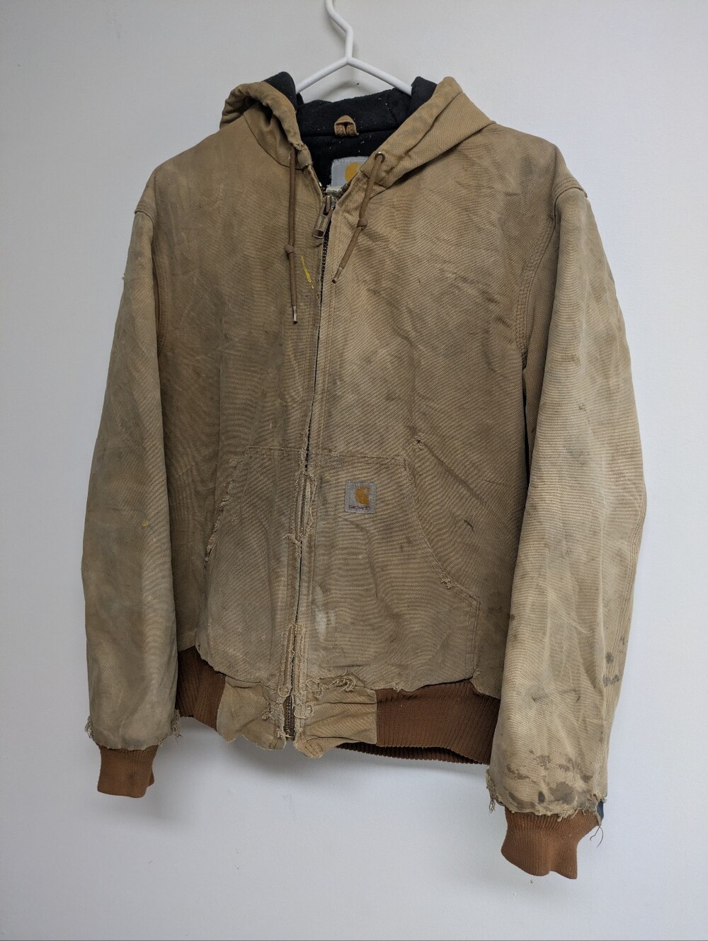 J140 Thrashed Carhartt Hooded Work Bomber Jacket in Tan Size Small Men's